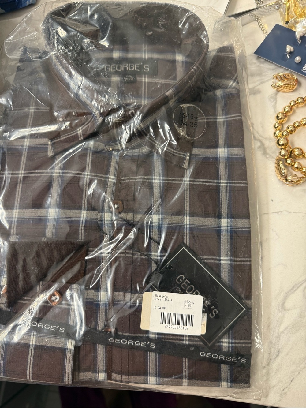 George Men's Brown Plaid Button-Down Shirt with Blue & White Accents